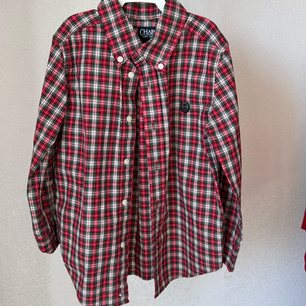 Chap's Boy's Red Plaid Long Sleeves  Dress Shirt sz 5 Christmas Plaid